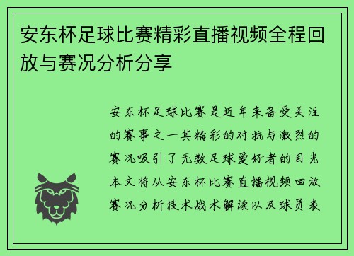 安东杯足球比赛精彩直播视频全程回放与赛况分析分享